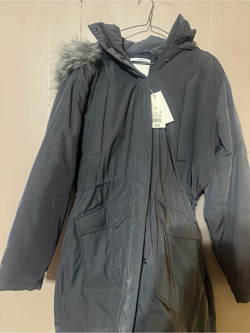 Women’s Gray Hooded Winter Parka with Faux Fur Trim